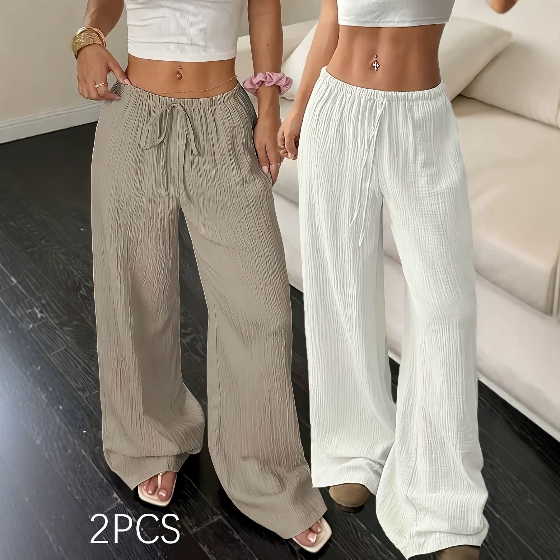 2026 Summer New Cross-Border Women's Casual Solid Textured Fabric Knot Waist Slant Pockets Wide-Leg Pants