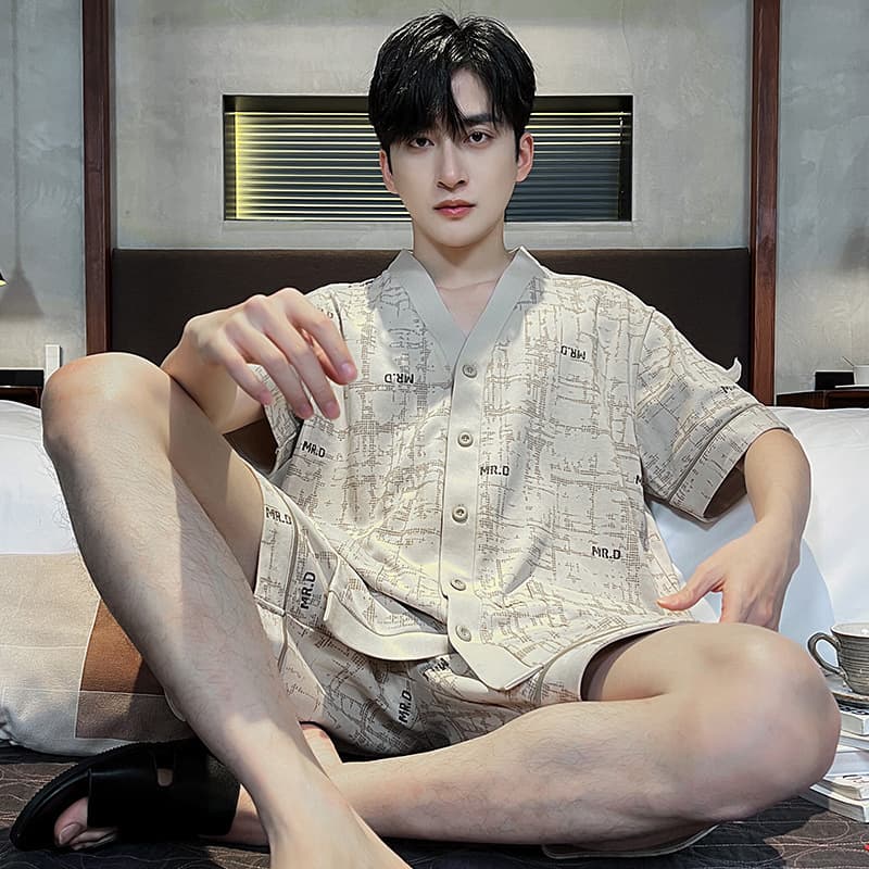 New Summer Men's Pajama Cardigan Kimono Style Short Sleeve Shorts Cardigan Simple Casual Wear-Out Pajama Set