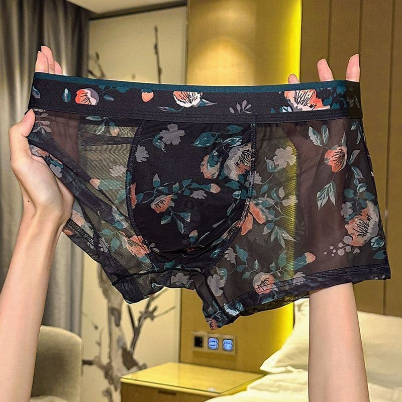 Mesh Transparent Men's Underwear Sexy Breathable Boxer Briefs Summer Printed Quick-Dry Thin Four-Corner Underpants Men Factory Direct