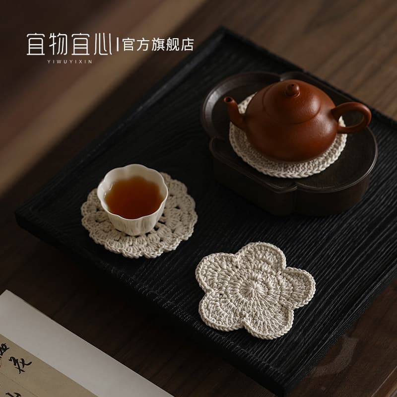 Handmade Cotton Thread Pot Mat, Woven Embroidery Coaster, Dry Tea Mat, Heat-Resistant Tea Ceremony Accessory
