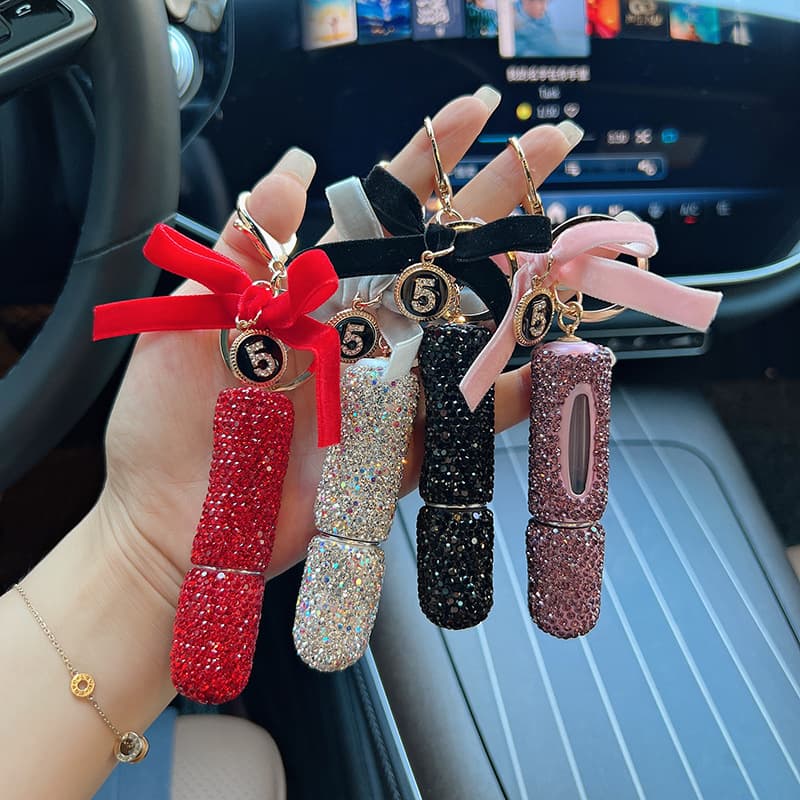 Ceramic Rhinestone Butterfly Perfume Bottle Keychain, Portable Car Key Decoration