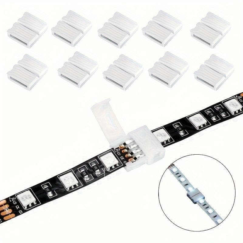 LED Strip Solderless Snap Connectors for 5050 RGB Bare Board Strips, 4-Pin 10mm Mid-Joint Connectors