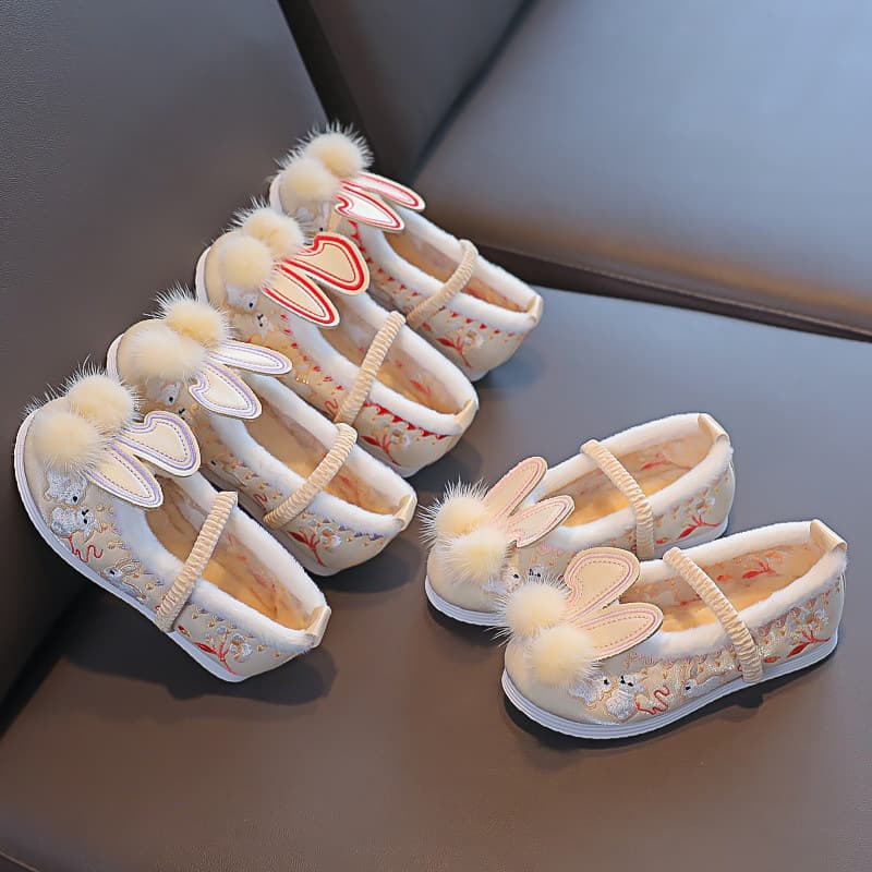 Winter Girls' Hanfu Shoes, Fleece-Lined Children's Embroidered Shoes, Ancient Style Cute Baby Princess Shoes, Ancient Costume Thick Cotton Shoes