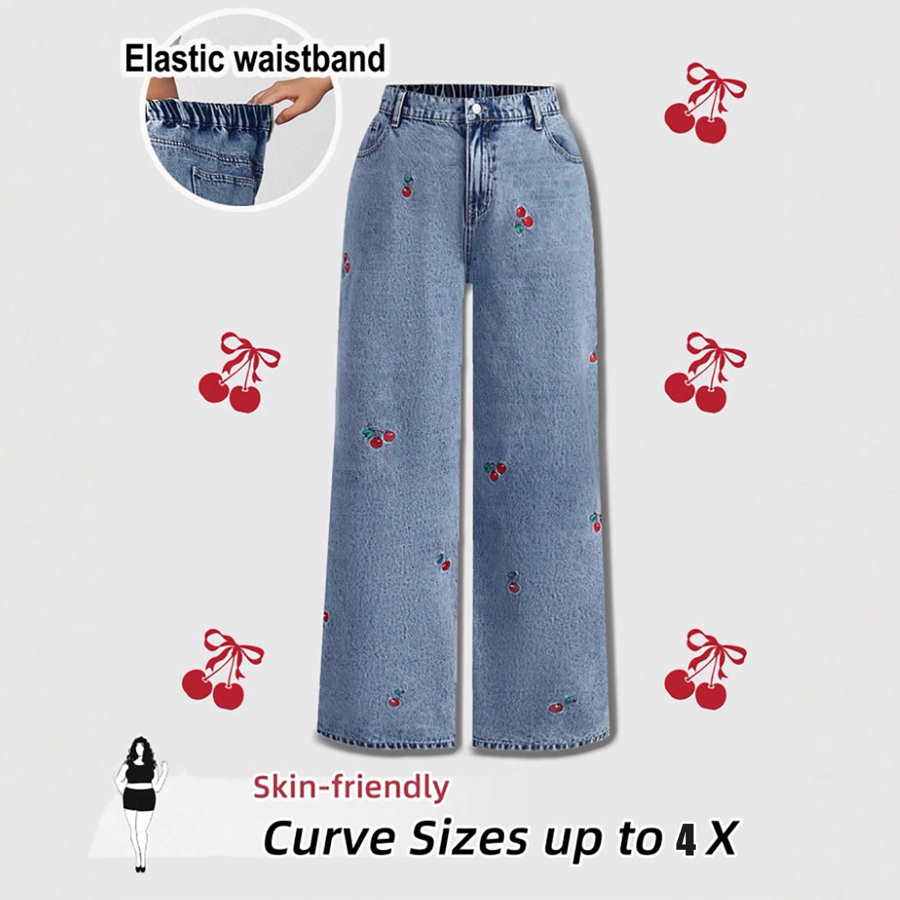 2025 New Plus Size High-Waist Fun Embroidery Support Belly Denim Fashion Slimming Wide-Leg Pants Women Casual Versatile