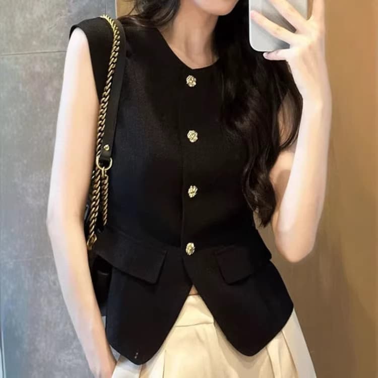 2026 Summer New Slim Fit French Black Short Sleeve Cropped Vest Design Sense Niche Knit Top