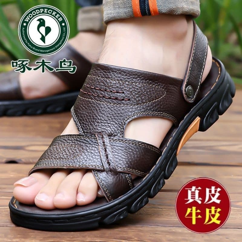 Woodpecker Men's Genuine Leather Sandals Summer New Breathable Casual Beach Shoes Anti-Slip Thick Sole Dual-Purpose Sandals