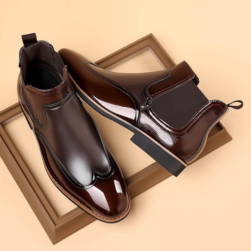 Xinao Shoes 4993 Men's Patent Leather Chelsea Casual Martin Boots, Shiny High-Stretch Top Men's Boots