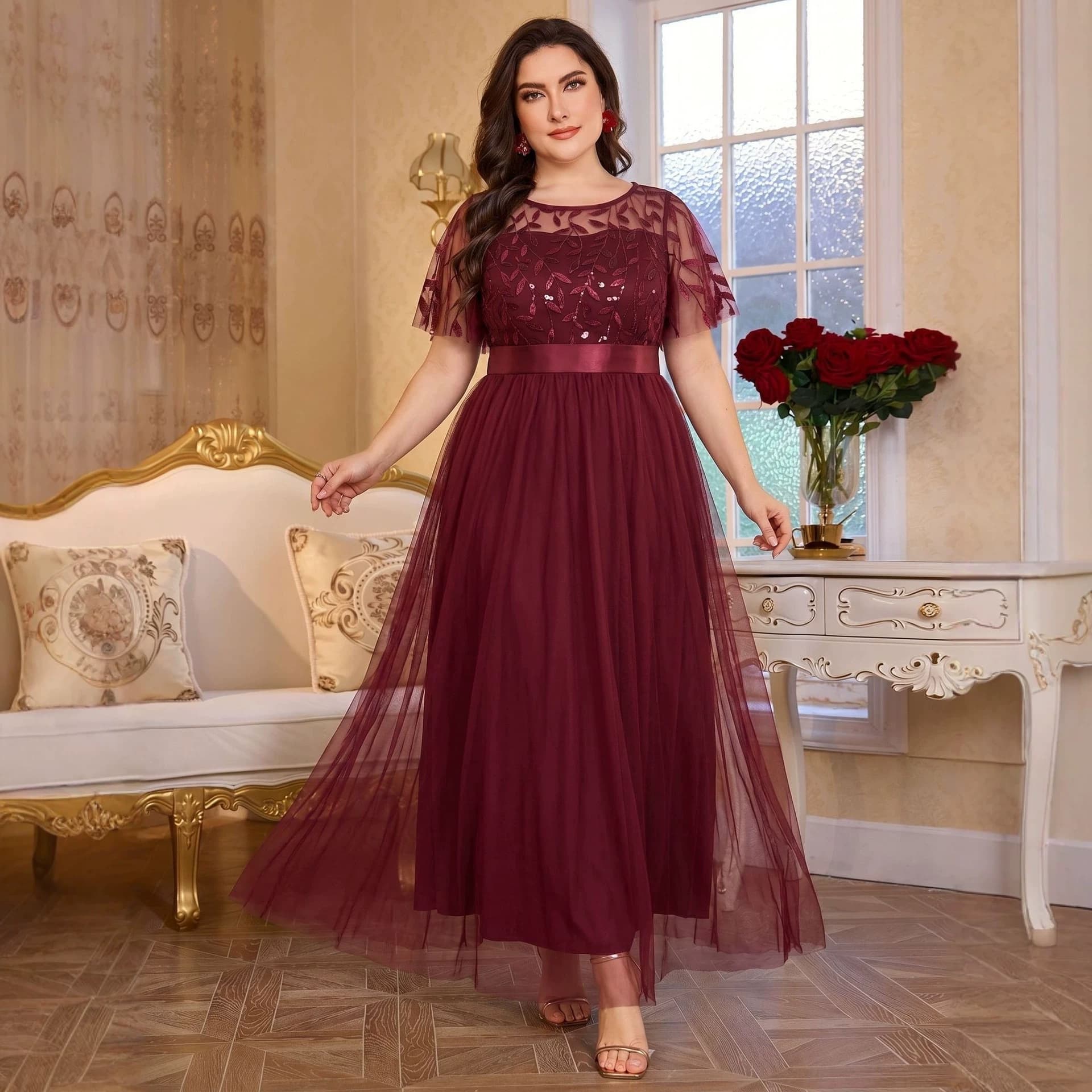 Cross-border evening dress European and American v-neck long-sleeved slit sequin elegant plus size women's fat mm women's bridesmaid dress