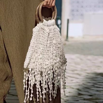 2026 Spring New Fairy Crochet Bag Tassel Handbag Wooden Ring Shell Hollow Bag Women's Trendy