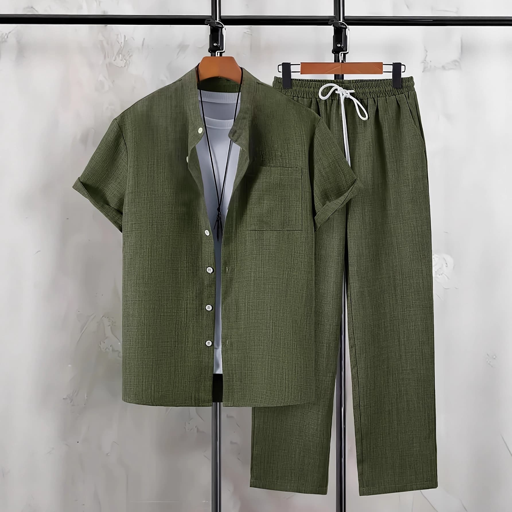 2025 Amazon Cross-border Trade Men's Casual Short Sleeve Cardigan Collar Shirt Set Men's Trendy Long Sleeve