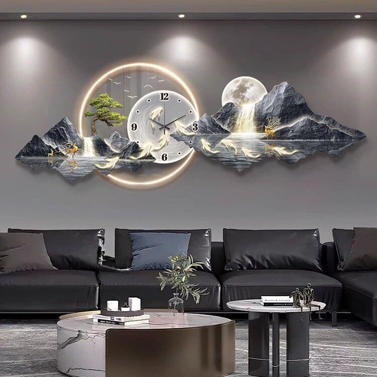 Clock wall clock living room decoration painting 2026 new new Chinese style sofa background wall hanging painting light luxury landscape wall lamp painting
