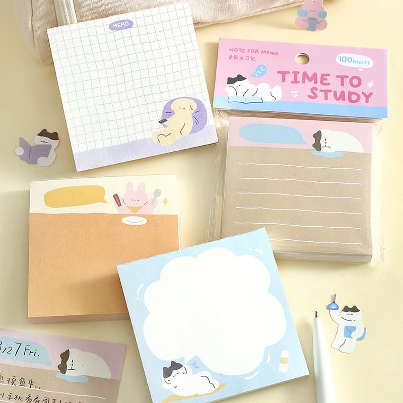 100 Sticky Notes with Cute Cartoon Illustrations for Journaling, Decorative Student Memo and Reminder Notes