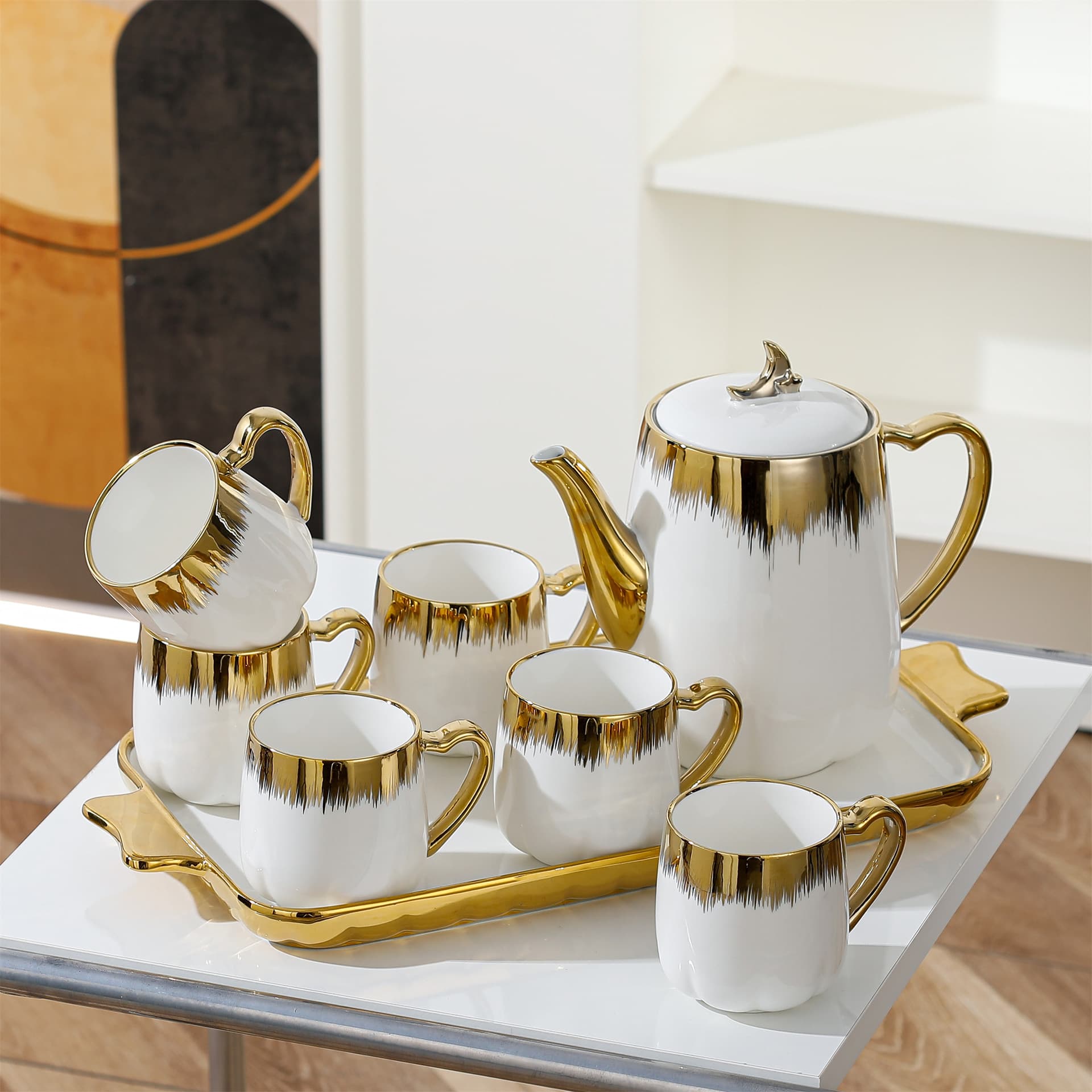 Nordic Gold-Rimmed Ceramic Drinkware Set for Daily Use, Creative Water Cup, Living Room Teapot, Home Tea Set, Light Luxury