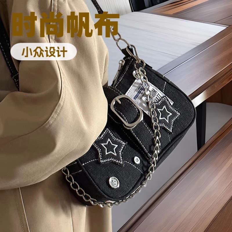 Y2K Millennium Star Denim Underarm Embroidered Canvas Fashion Trend Decorative Single Shoulder Bag Soft Zipper Closure Square Sh