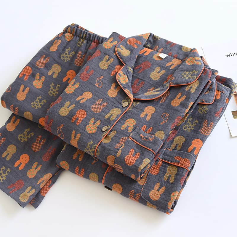Men's Autumn Jacquard Yarn-Dyed Pure Cotton Crepe Couple's Long-Sleeve Pajama Set, Thin Cartoon Women's Loungewear