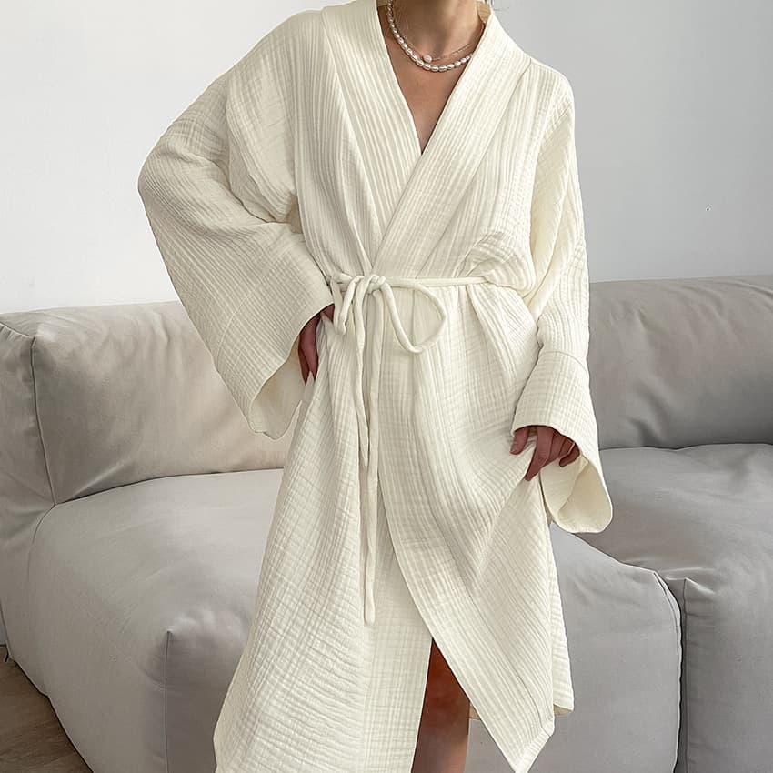 2025 Cross-border Europe and USA Spring/Summer Breathable Comfortable Cotton Tie Robe Loose Casual Women's Homewear Wholesale