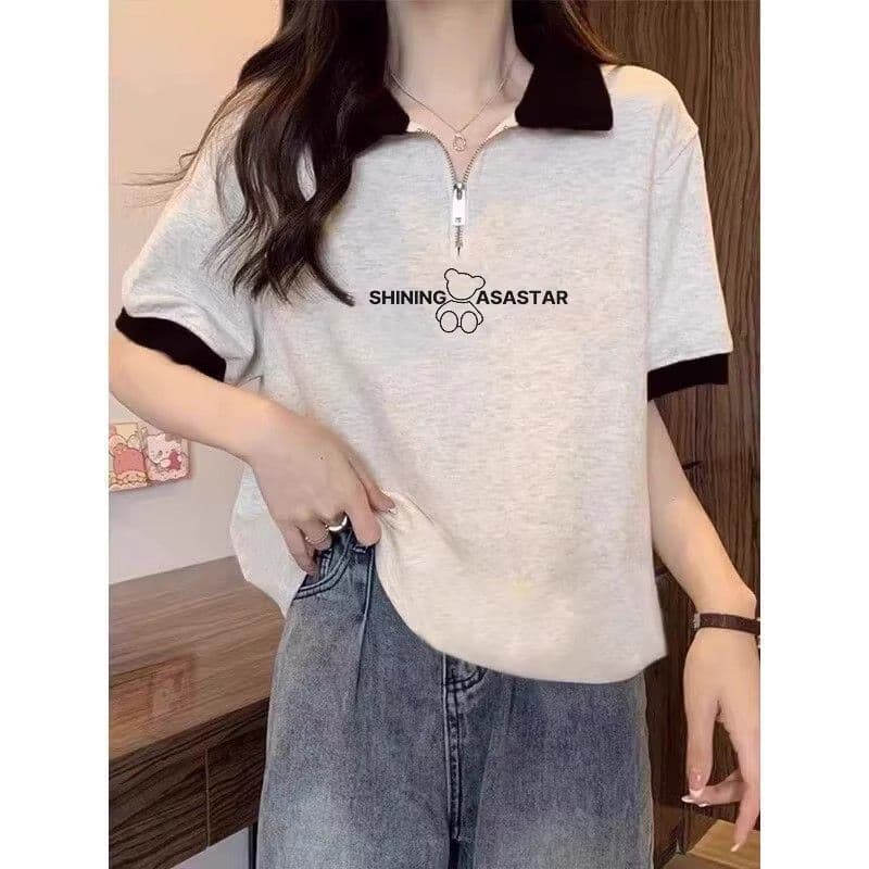 Plus Size Women's Summer Fashion New Versatile Turn-Down Collar Loose Cover-Fat Slimming Half-Zip Short Sleeve T-Shirt, Plus Size Women's Clothing Ins