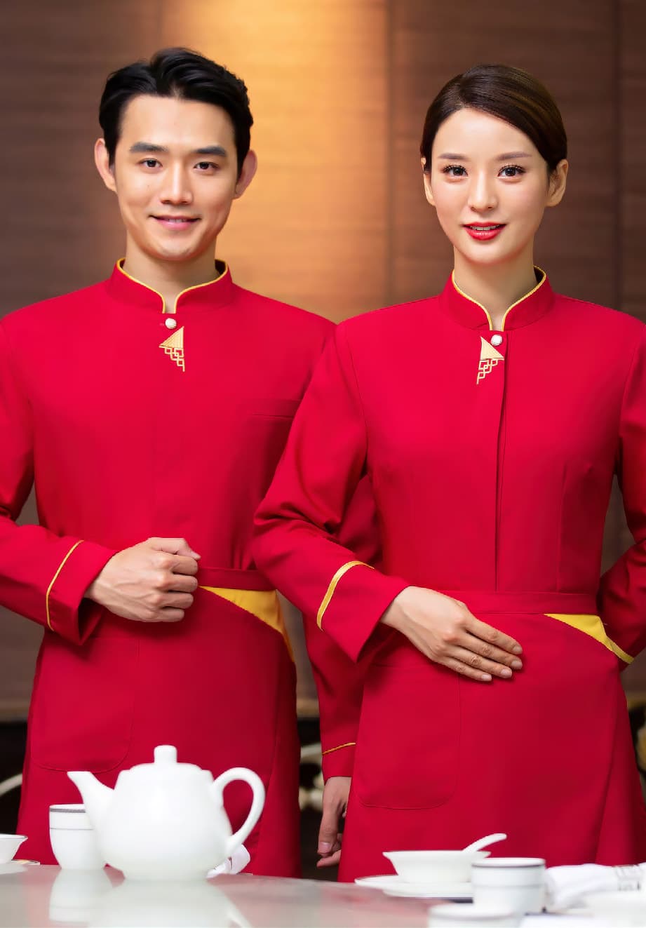 Chinese Restaurant Hotel Work Uniform, Hotpot Restaurant Floor Server Uniform, Long Sleeve Autumn Winter with Apron, Embroidery Available