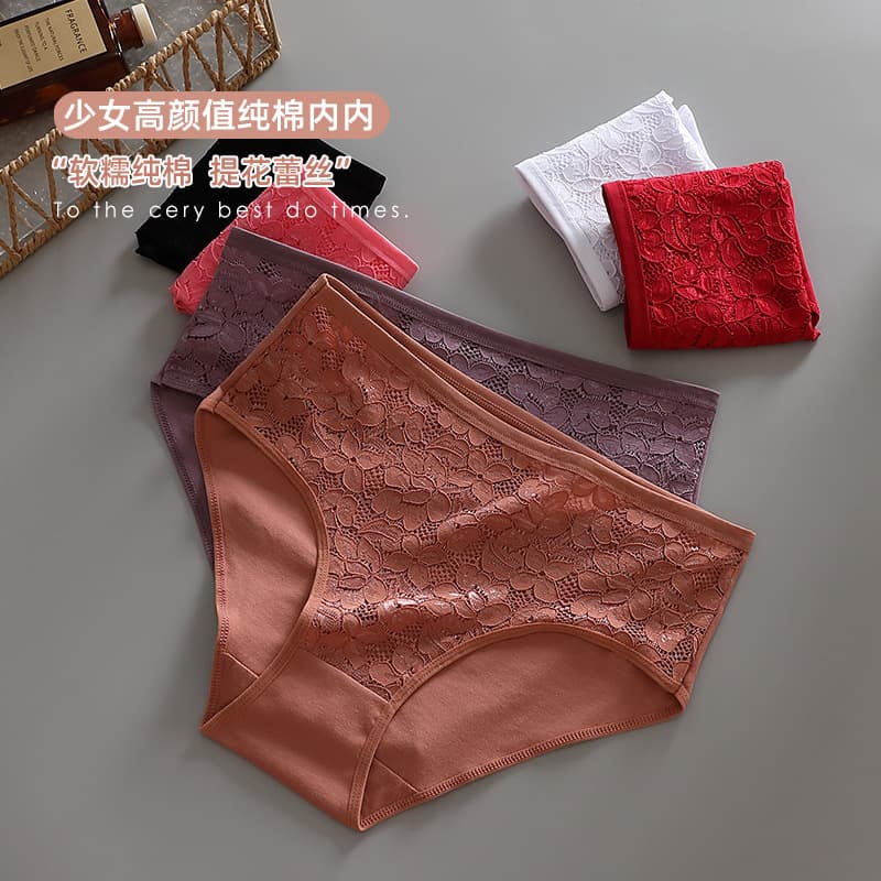 Plus Size Cotton Lace Women's Panties Mid-High Waist Triangle Briefs for Curvy Women Cross-Border Plus Size Ladies' Underwear