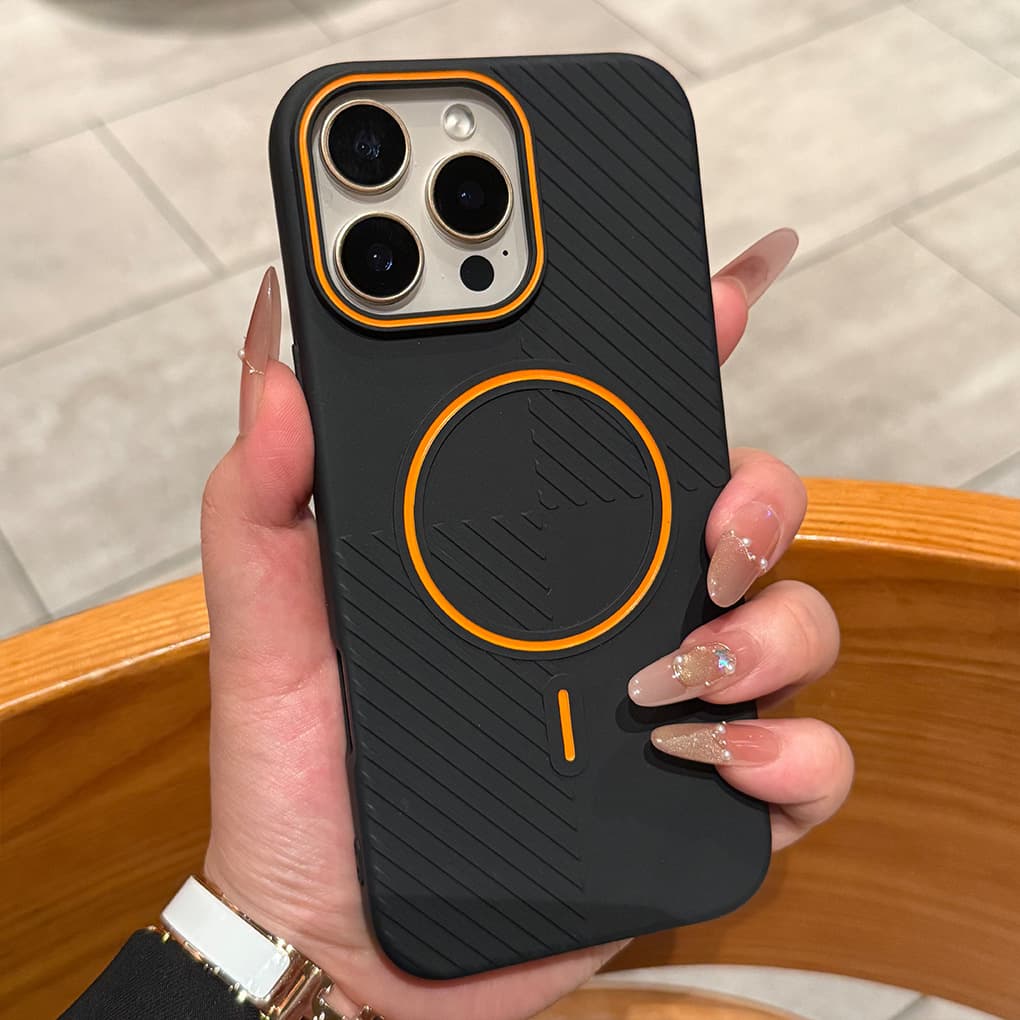 Compatible with iPhone 16 Contrast Color Frosted Fine Ring Magnetic Phone Case, Apple 15 Diagonal Stripe Premium Protective Cover 14