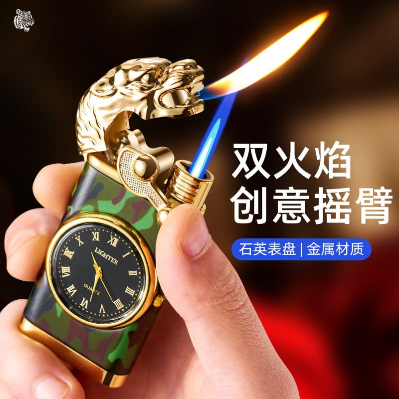 HF617 Rocker Arm Watch Inflatable Dual Flame Lighter Metal Clock Quartz Watch Lighter 2-in-1 Factory