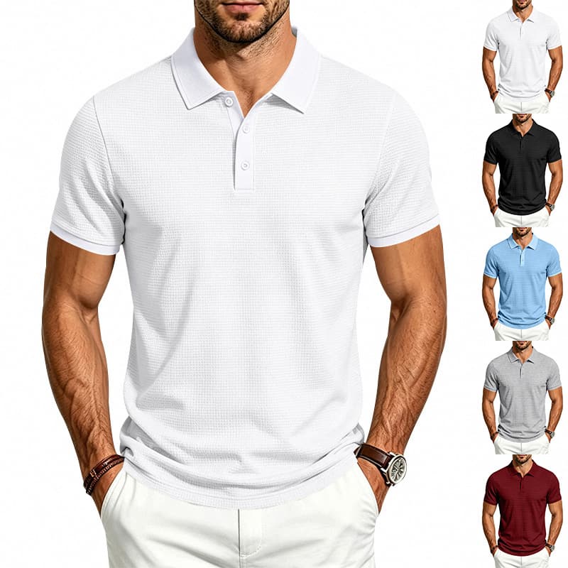 Cross-border summer heavyweight waffle men's waffle breathable loose casual commuting lapel P solid color OLO shirt short sleeves