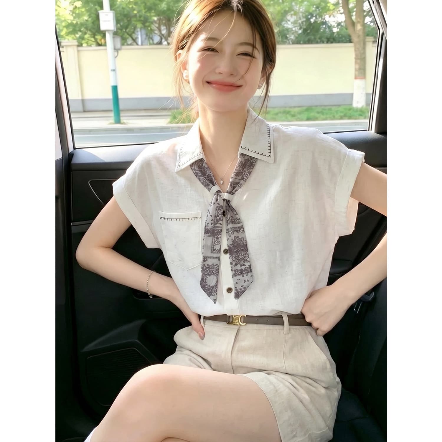 Artistic Silk Scarf Tie Design Blouse for Women Summer New Thin Premium Drawstring White Shirt A12692