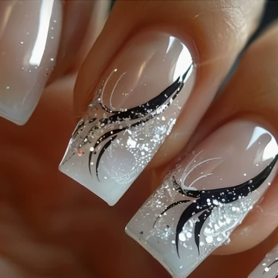 Icy Nude French Black Ribbon Wearable Nails Short Style Flashing Gentle Temperament Removable Fake Nails Wholesale