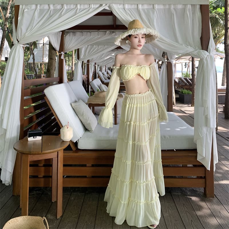 Beach Vacation Set French Pure Light Yellow One-Shoulder Ruffle Crop Top High Waist Long Skirt Two-Piece Set