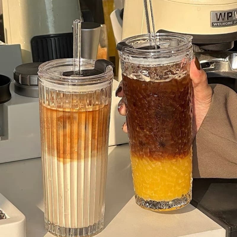 High-Transparency Clear Iced Coffee Americano Latte Glass Cup, Large Capacity with Lid and Straw, Office Water Cup