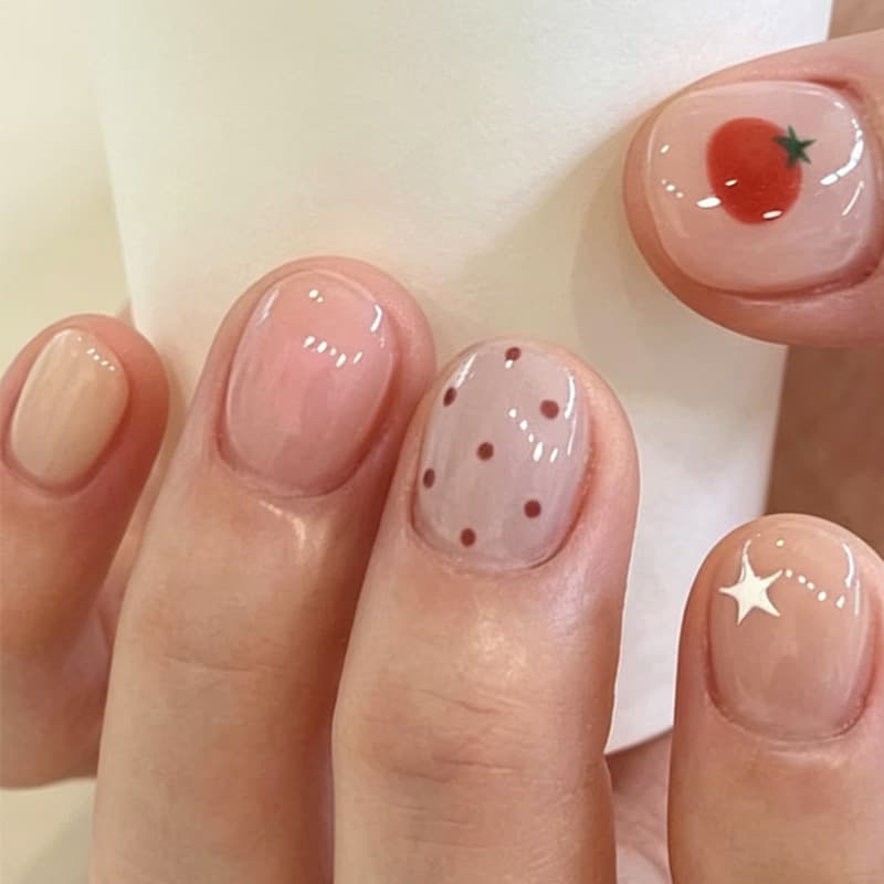 Fresh Girl Wearable Nails Clear Nude Tomato Nail Art Wine Red Polka Dots White Stars Short Square Nail Tips