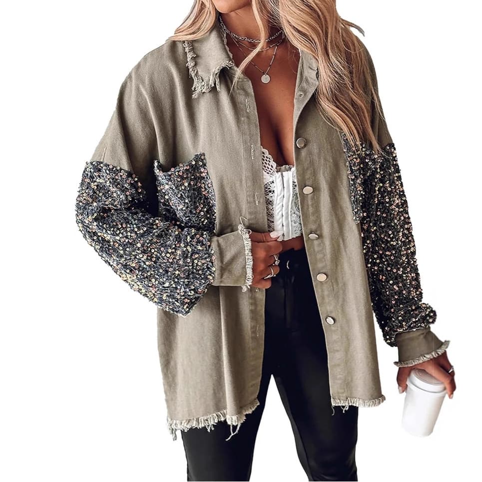 2025 New Cross-Border European and American Style Denim Pullover Long-Sleeve Sequined Patchwork Denim Jacket
