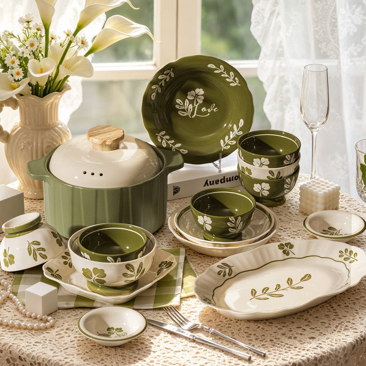 New stylish green underglaze ceramic dinnerware set, including bowls, plates, and dishes for home use, perfect as a housewarming gift