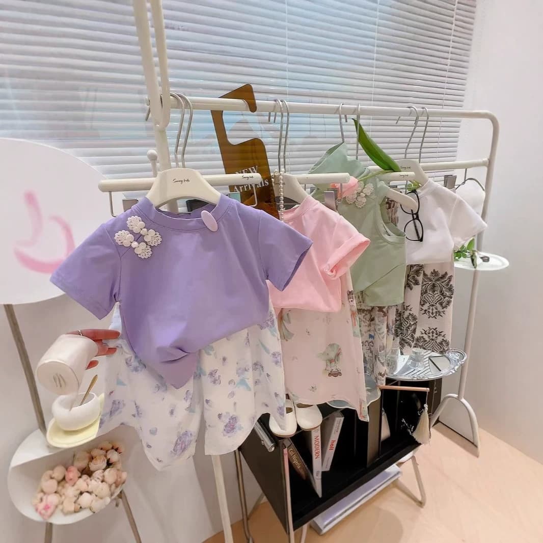 National trendy children's casual suit, new Chinese style girl's national style short-sleeved suit, children's summer clothing