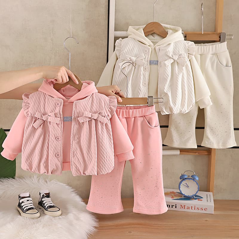 Girls Winter Thickened Outfit Set 2026 New Toddler Korean Style Warm Vest Fleece Thickened Hoodie 3-Piece Set Trendy