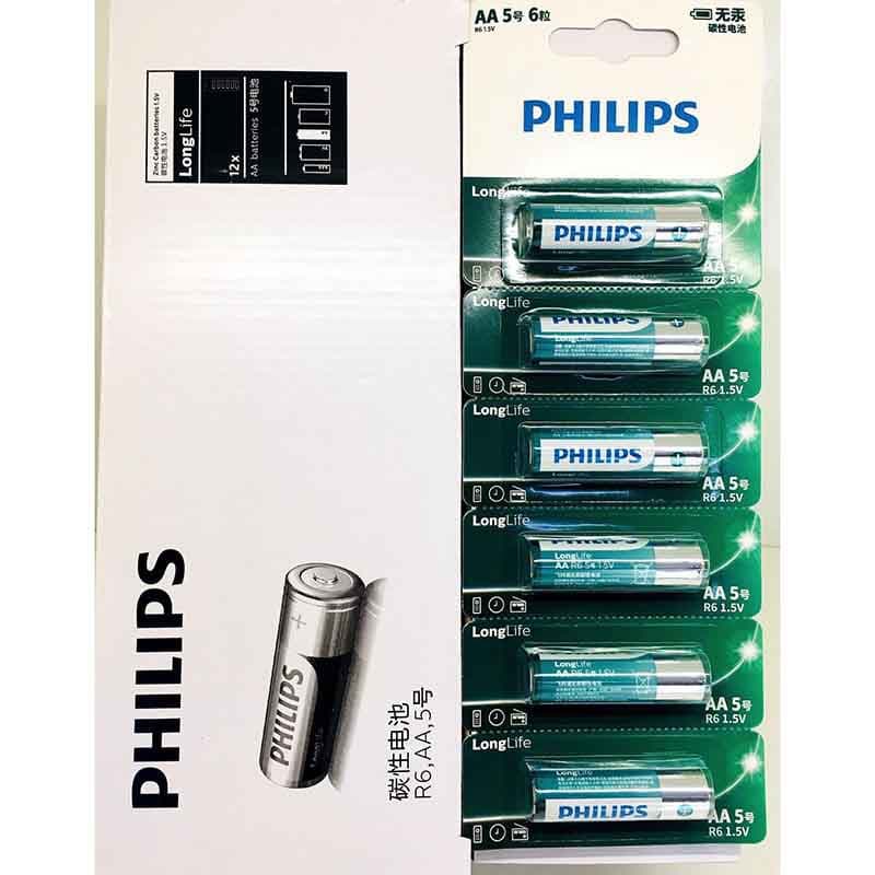 Philips AA R6 Carbon Zinc Battery, Philips AA Dry Battery, 6-Pack Original