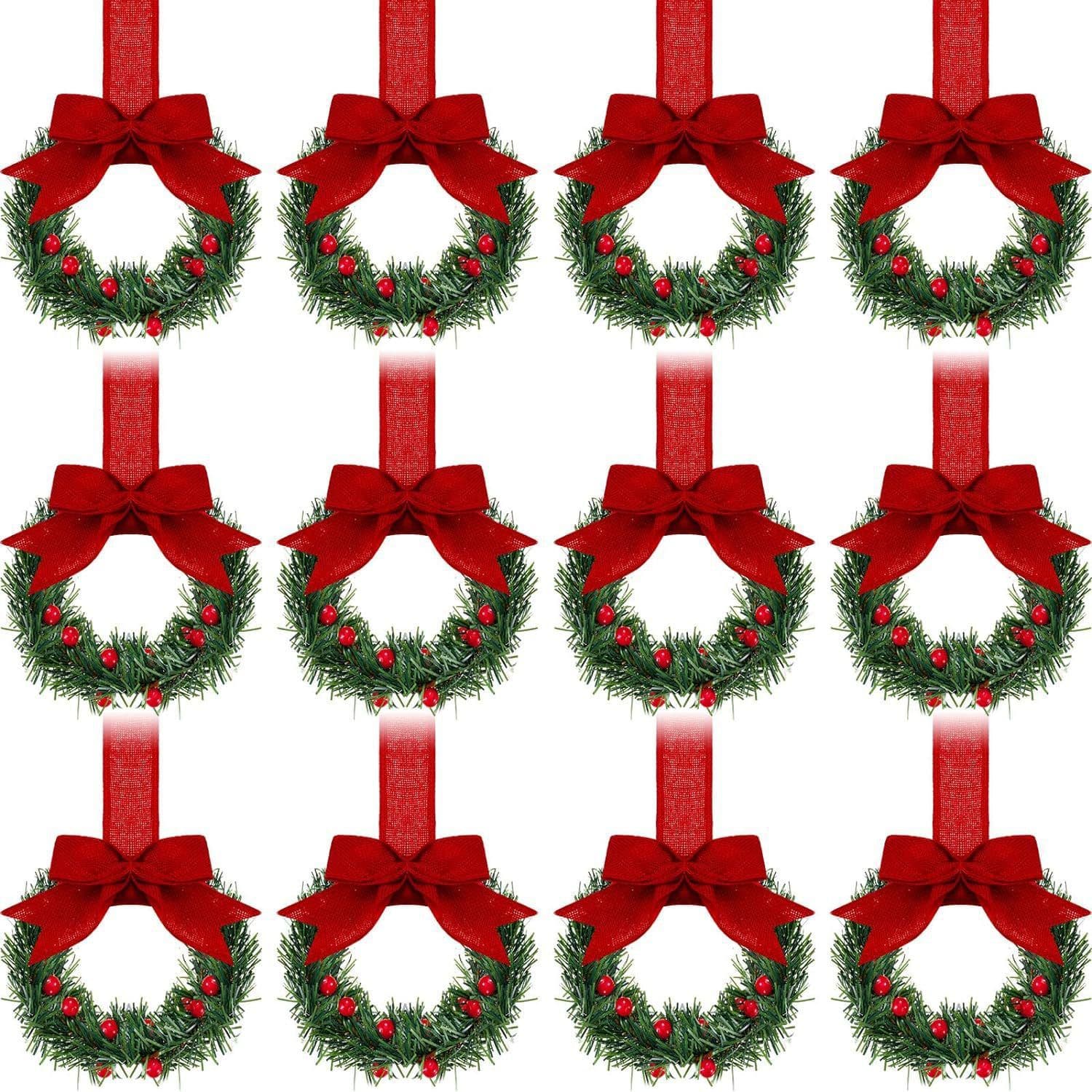 Flower Reverse Roll 12-Pack Cabinet Wreaths with Ribbon, 3.94-inch Mini Christmas Wreath with Berries and Bow