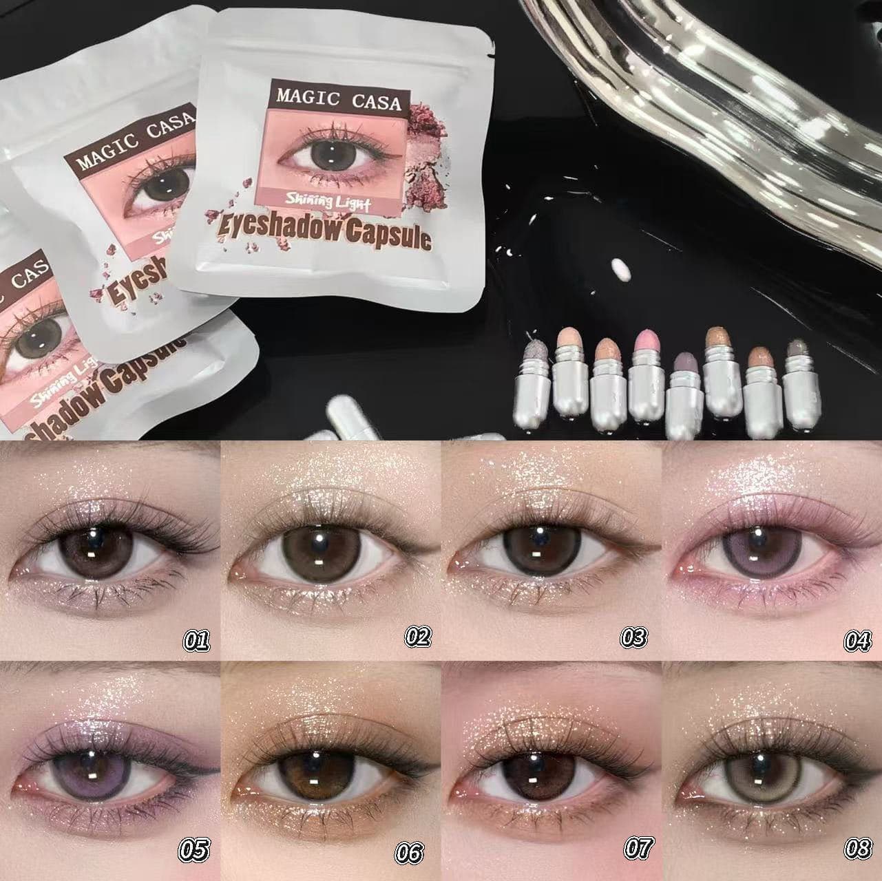 MAGIC CASA 8-Color Explosive Diamond Capsule Eyeshadow Set Eye Makeup Highlight Silkworm Eyeshadow Non-smudge Contouring