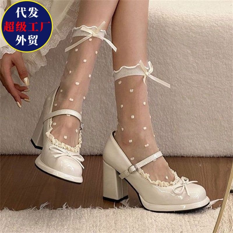 Spring square toe shallow mouth single shoes, buckle straps, high heels, thick heels, Mary Jane leather shoes, women's fashionable lace high heels
