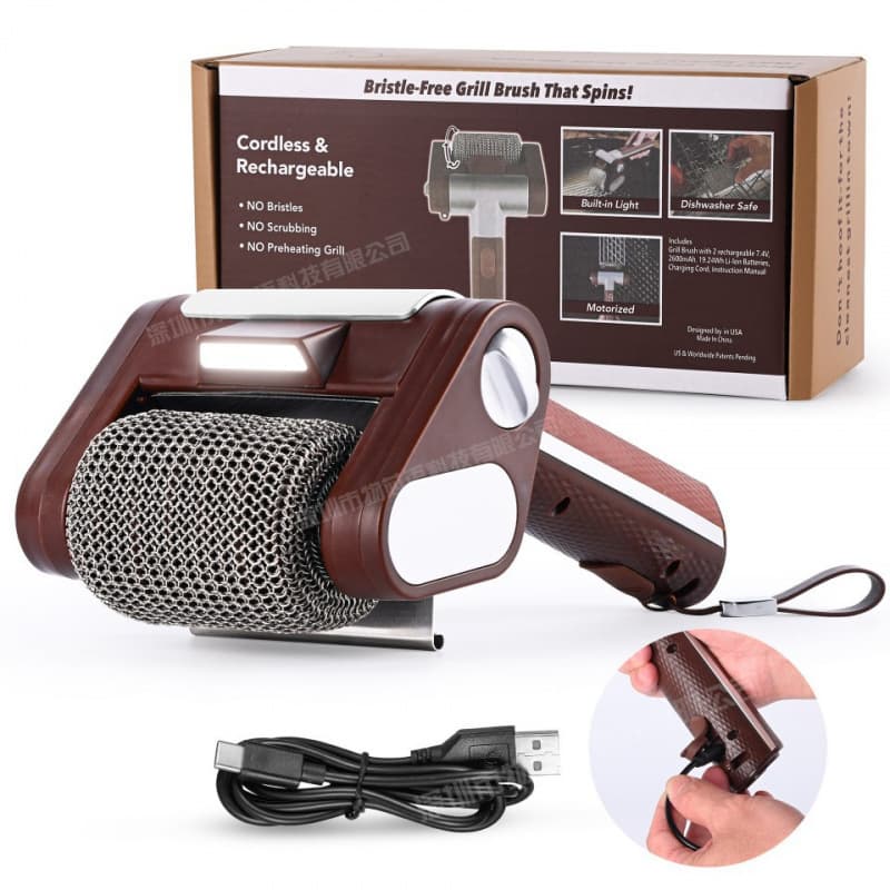 2025 Stainless Steel 304 Roller BBQ Brush with LED Light, Bristle-Free, Food-Grade Cleaning, LED Lighting