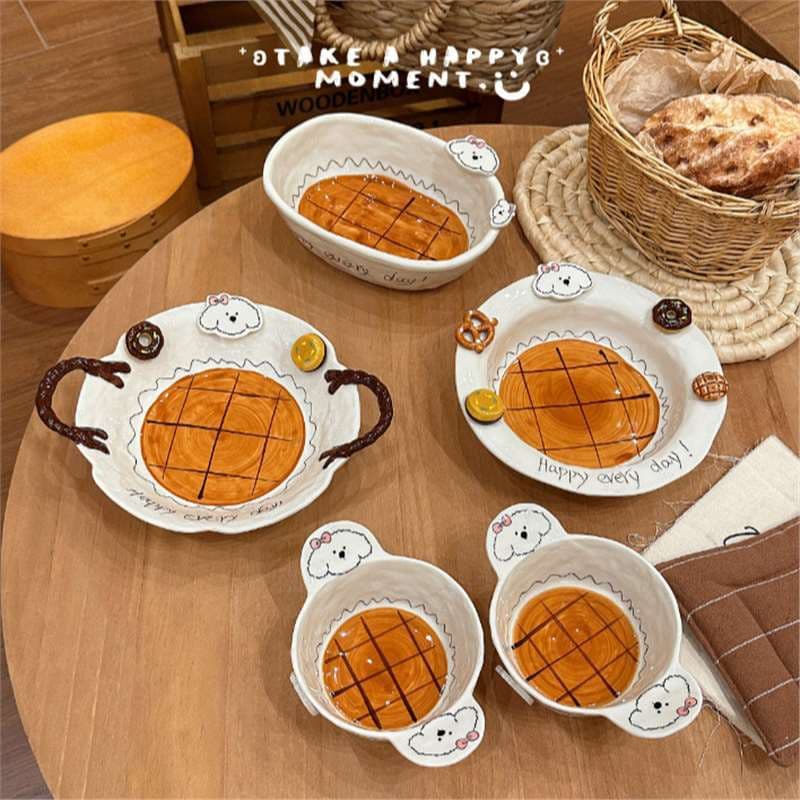 Caramel Puppy Series Bowl Set - Soup Bowl, Ceramic Bowl, Rice Bowl, Household Bowls, Yogurt Bowl, Large Beautiful Double-Handled Bowl