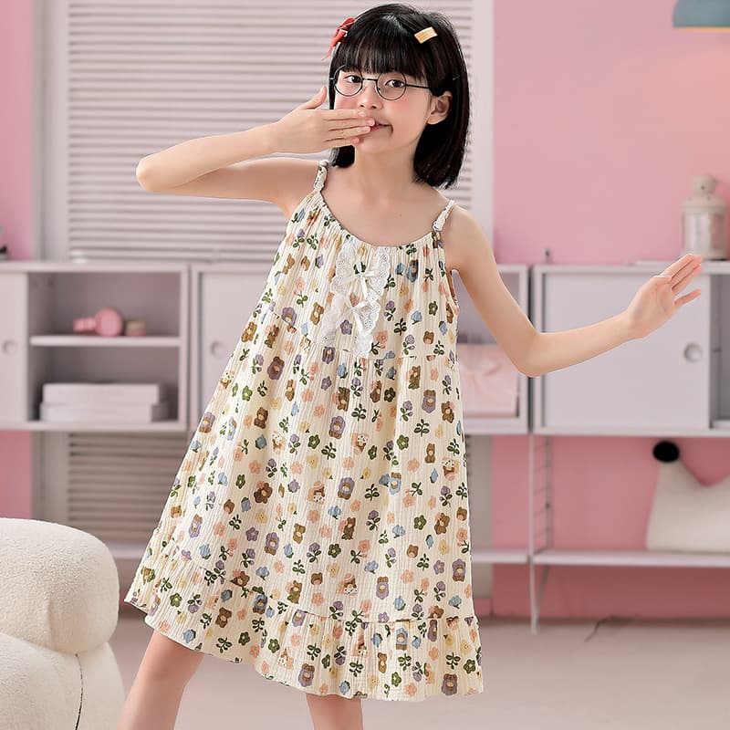 Children's Pajamas Girls Nightgown Summer Thin Cotton Gauze Girl Vest Camisole Dress Floral Print Homewear
