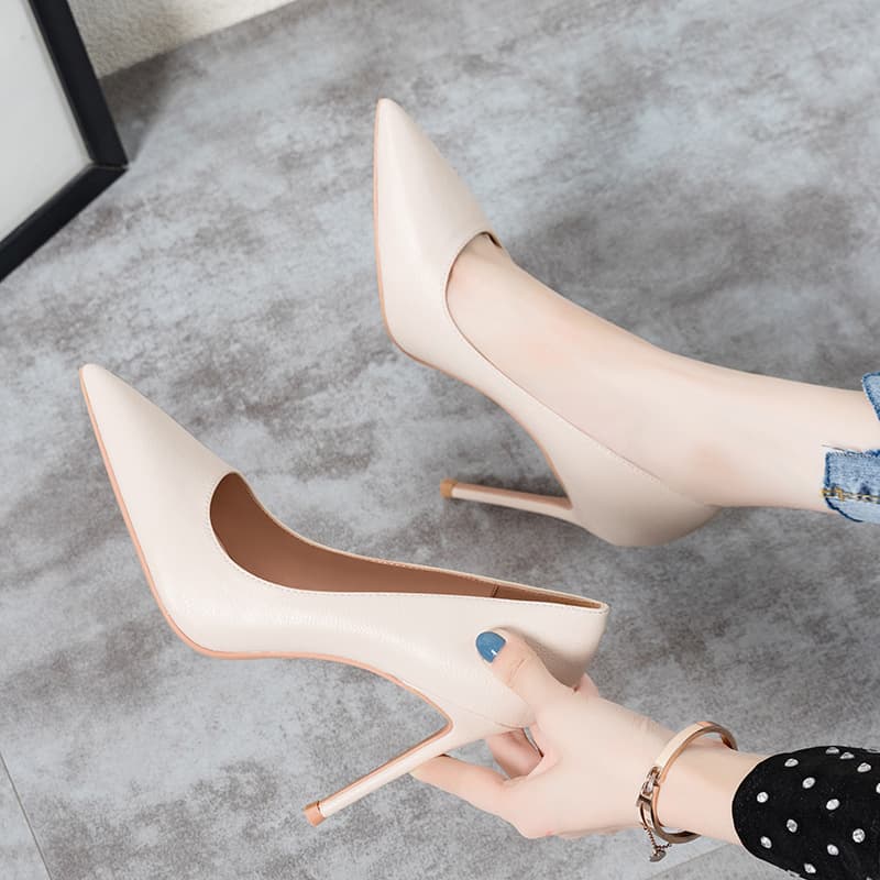 Lychee Pattern High Heel Pointed Toe Single Shoes Women Korean Style Sheepskin Sole Pumps Slip-On Solid Color Thin Heel Women's Shoes