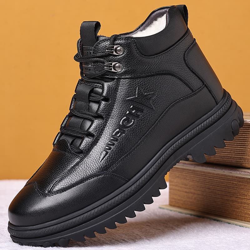 Men's Winter High-Top Thickened Cotton-Lined Casual Leather Shoes with Soft Sole, Drop Shipping