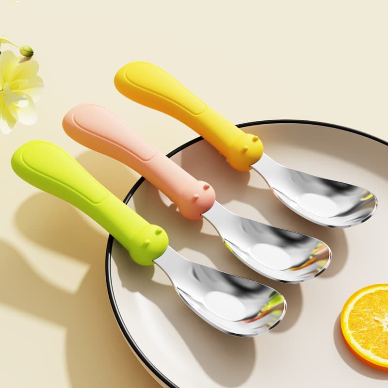 New baby spoon 316L stainless steel ingot spoon baby training food spoon long handle silicone spoon children's tableware