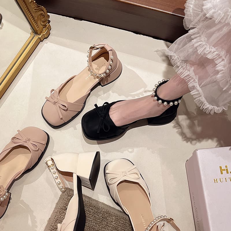 French Pearl Bow One-Strap High Heels Women Chunky Heel Pumps Square Toe Mary Jane Shoes Closed-Toe Sandals