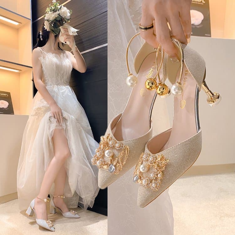 2026 Spring New Hollow Single Shoes for Women, Pointed Toe, Thin Heel, Square Buckle, Sequins, Banquet, Chunky Heel, Bride Bridesmaid High Heels