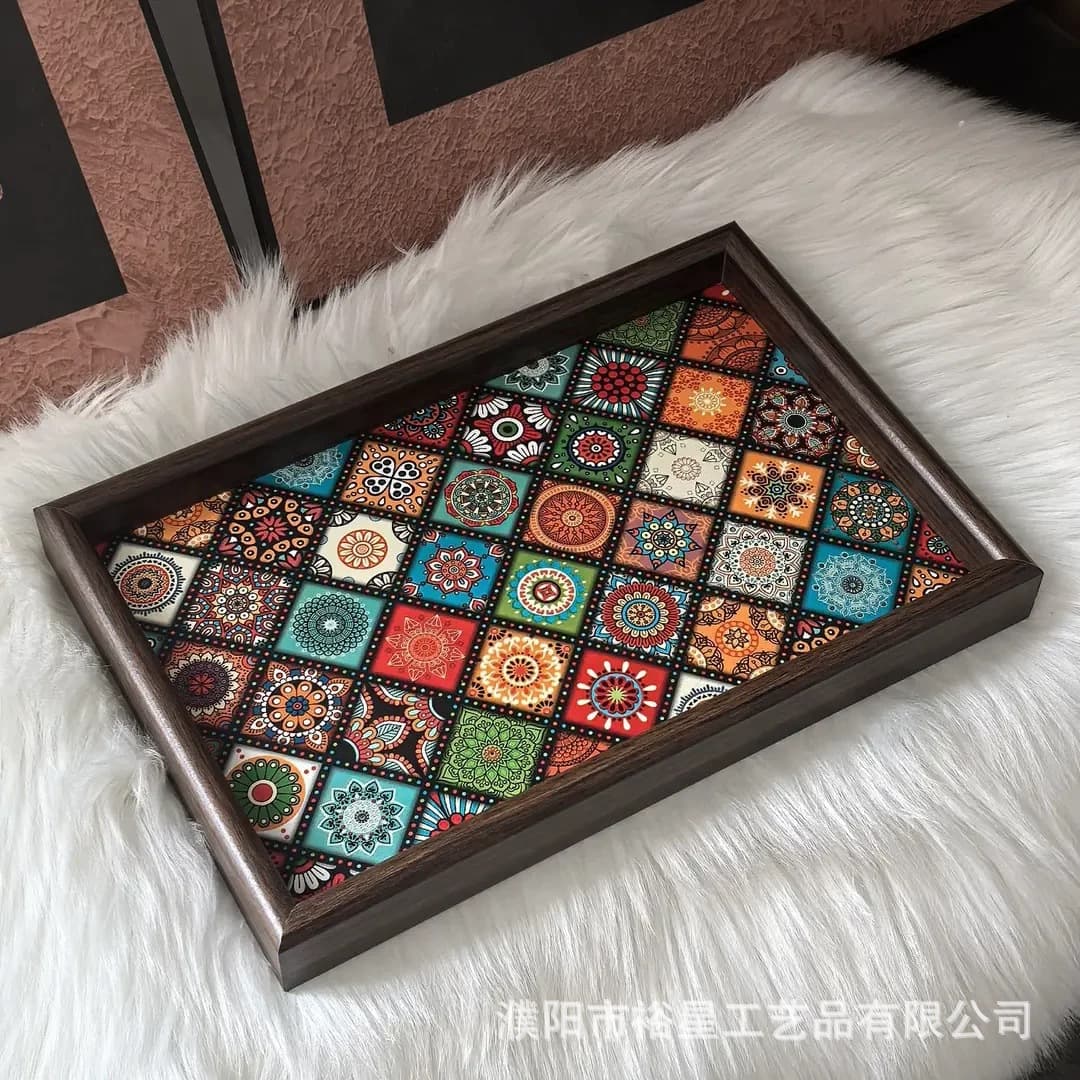 Bohemian Style Tray Exotic Living Room Desktop Storage Jewelry Storage Entryway Household Wooden Leather Storage Dish