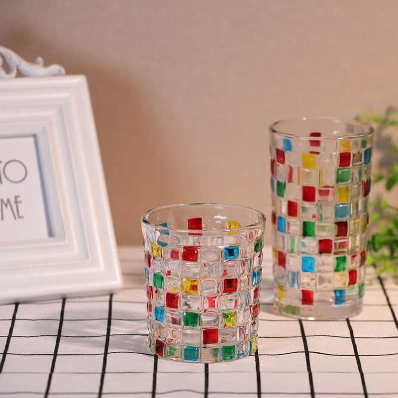 Painted Woven Glass Cup High-Face Ins Water Cup Juice Cup Hand-Painted Plaid Glass Cup Special Cup