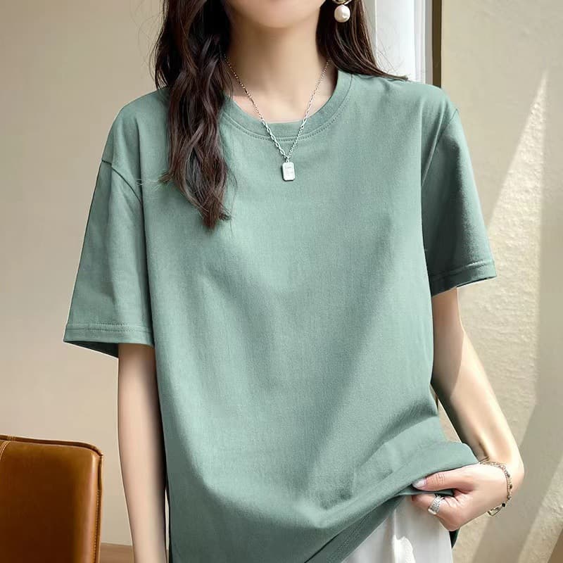 European Pure Cotton T-Shirt Women's Summer Xinjiang Long-Staple Cotton Short-Sleeved Women's T-Shirt Loose Couple Shirt Right Shoulder Loose Round Neck White T-Shirt